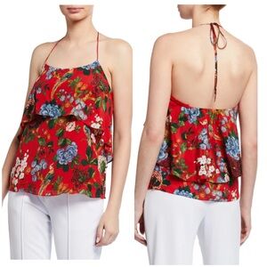 Alice + Olivia Marybeth Silk Halter Top Chinoiserie Garden Ruby